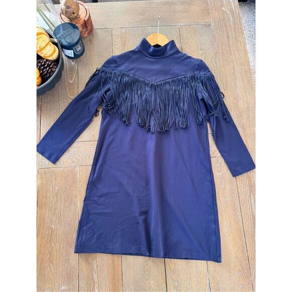 Tuckernuck Dress Women Navy‎ Blue Cowgirl Suede Fringe Long Sleeve Size XSmall - Picture 6 of 9